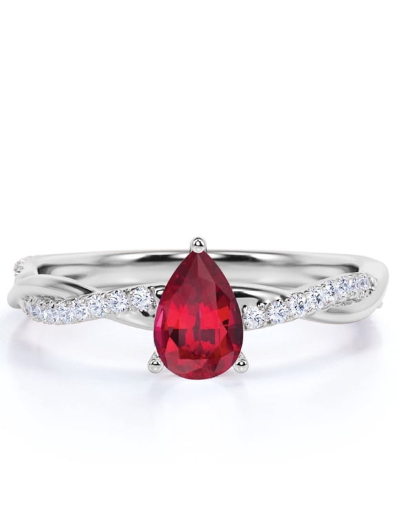 Vintage 0.75 ct Pear Shaped Blood Lab Created Ruby & Moissanite Wedding Ring for Women in 18K White Gold over Silver