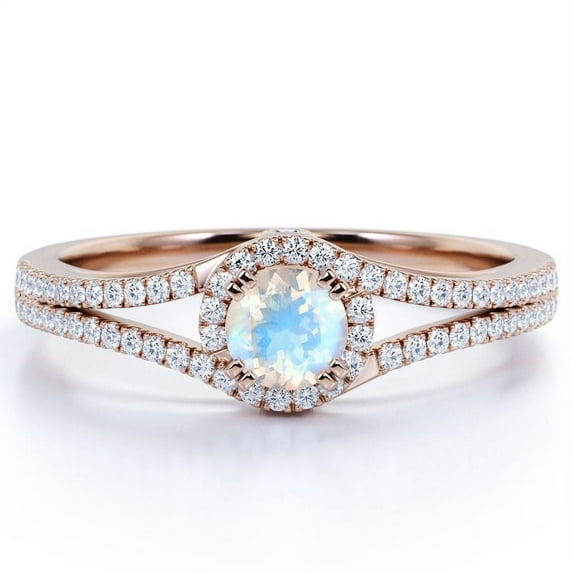 JeenMata Vintage 0.83 ct Round Rainbow Moonstone and Moissanite Split Shank Engagement Ring in 18K Rose Gold over Silver