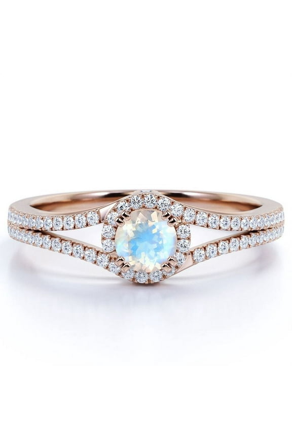 Vintage 0.83 ct Round Rainbow Moonstone and Moissanite Split Shank Engagement Ring in 18K Rose Gold over Silver