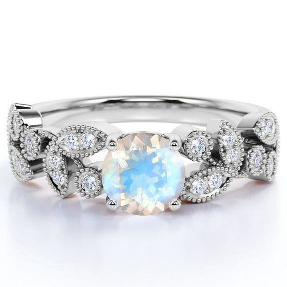 JeenMata Vintage 1.09 ct Real Round Rainbow Moonstone and Moissanite Engagement Ring in 18K White Gold over Silver