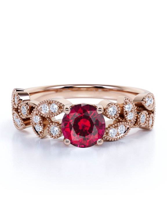 Vintage 1.09 ct Round Lab Created Ruby and Moissanite Engagement Ring in 18K Rose Gold over Silver