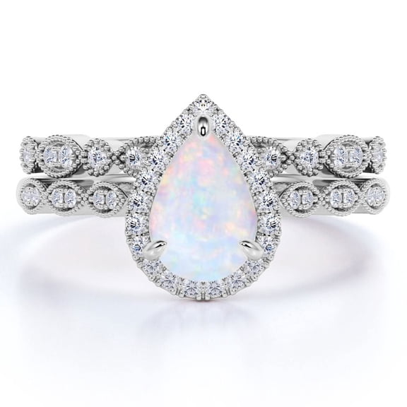 JeenMata Vintage 1.5 Carat Pear Cut Opal & Diamond Wedding Ring Set in 10K White Gold
