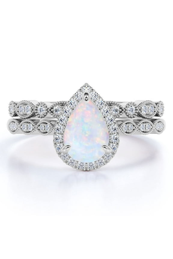 Vintage 1.5 Carat Pear Cut Opal & Diamond Wedding Ring Set in 10K White Gold
