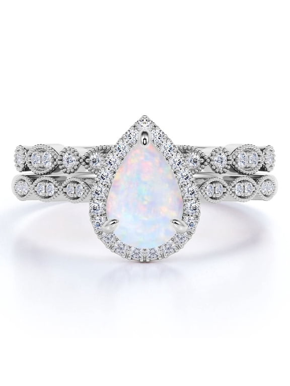 Vintage 1.5 Carat Pear Cut Opal and Moissanite Wedding Ring Set in 18K White Gold over Silver