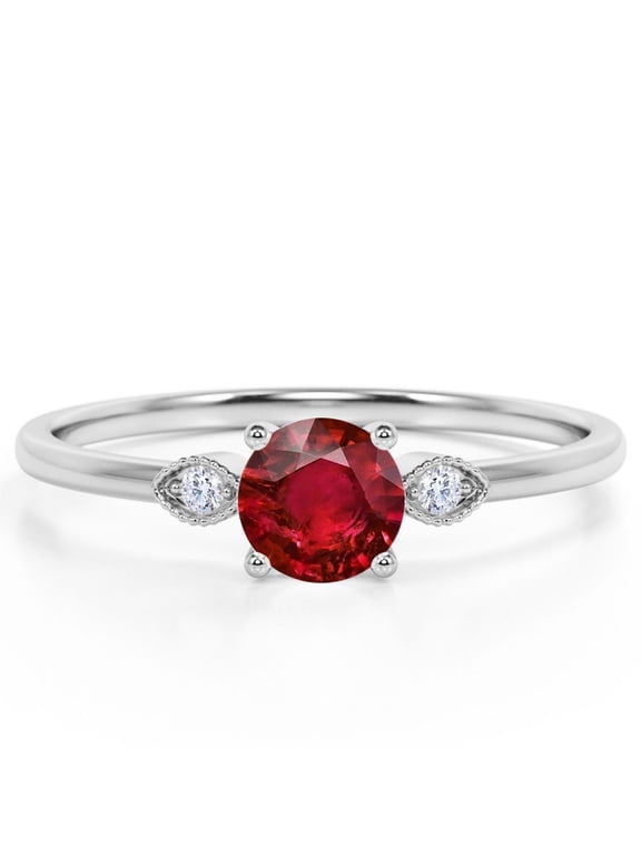 Vintage 1.50 Carat 3 Stone Round Cut Blood Red Lab Created Ruby and Moissanite Milgrain Engagement Ring in 18K White Gold Plating over Silver