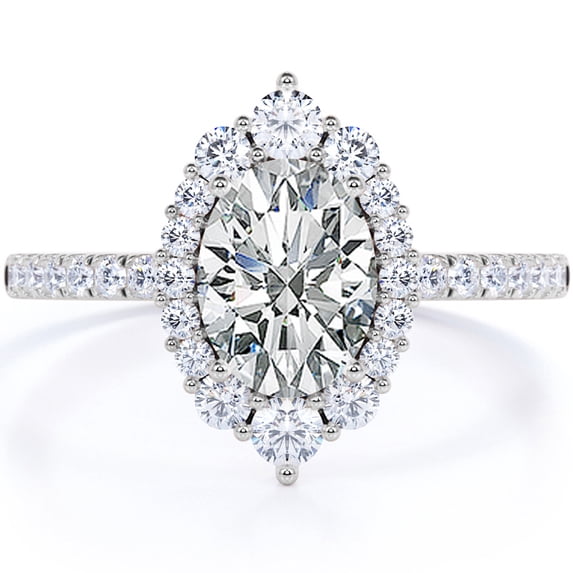 JeenMata Vintage 1.50 Carat Oval Moissanite and Diamond Halo Wedding Ring in 10k White Gold