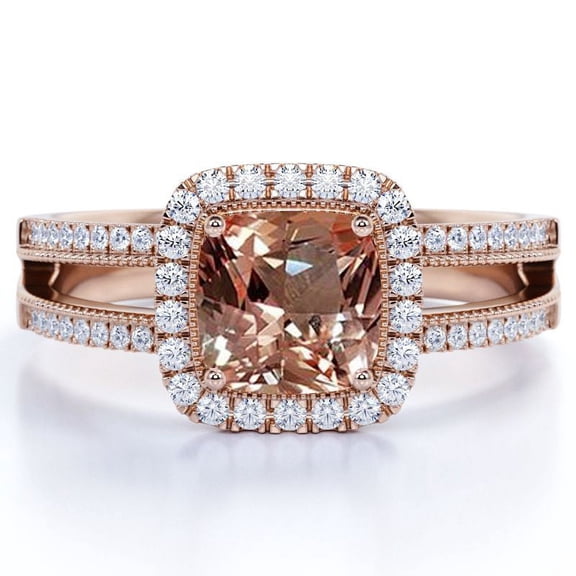 JeenMata Vintage 1.50 ct Cushion Cut Pink created morganite & Moissanite Halo Wedding Ring in 18K Rose Gold over Silver
