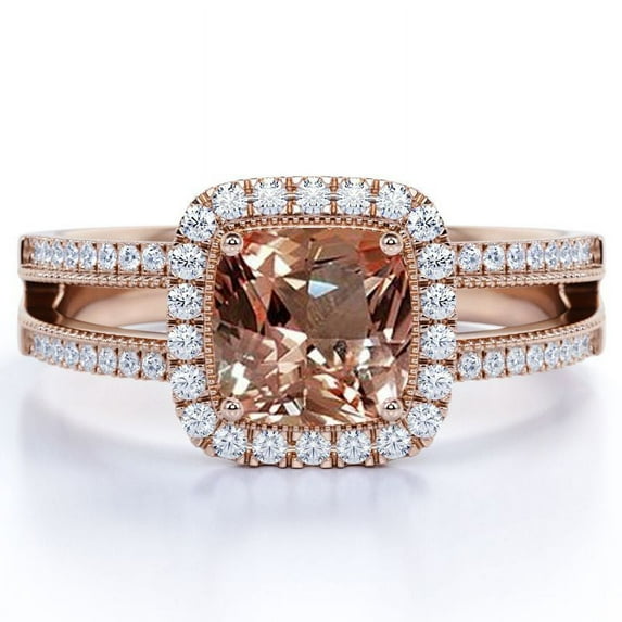 JeenMata Vintage 1.50 ct Cushion Cut Pink created morganite & Moissanite Halo Wedding Ring in 18K Rose Gold over Silver