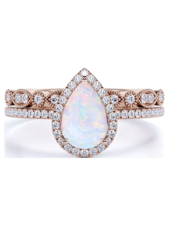 Vintage 1.50 ct Halo Pear Shaped Opal and Moissanite Wedding Ring Set in 18K Rose Gold over Silver