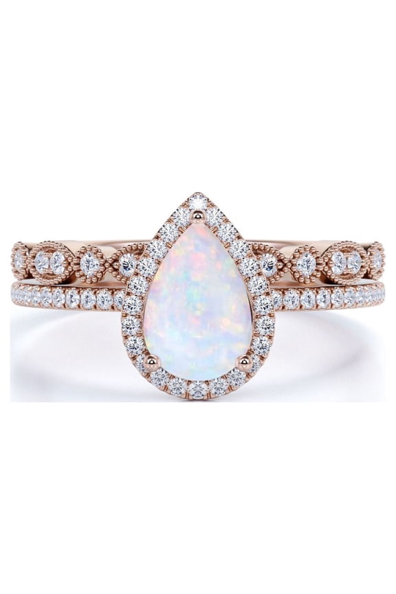 Vintage 1.50 ct Halo Pear Shaped Opal and Moissanite Wedding Ring Set in 18K Rose Gold over Silver