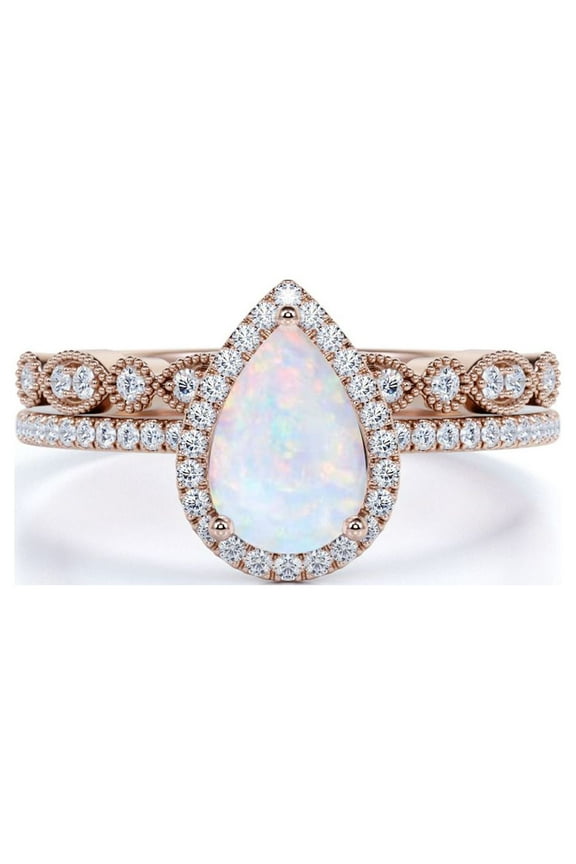 Vintage 1.50 ct Halo Pear Shaped Opal and Moissanite Wedding Ring Set in 18K Rose Gold over Silver