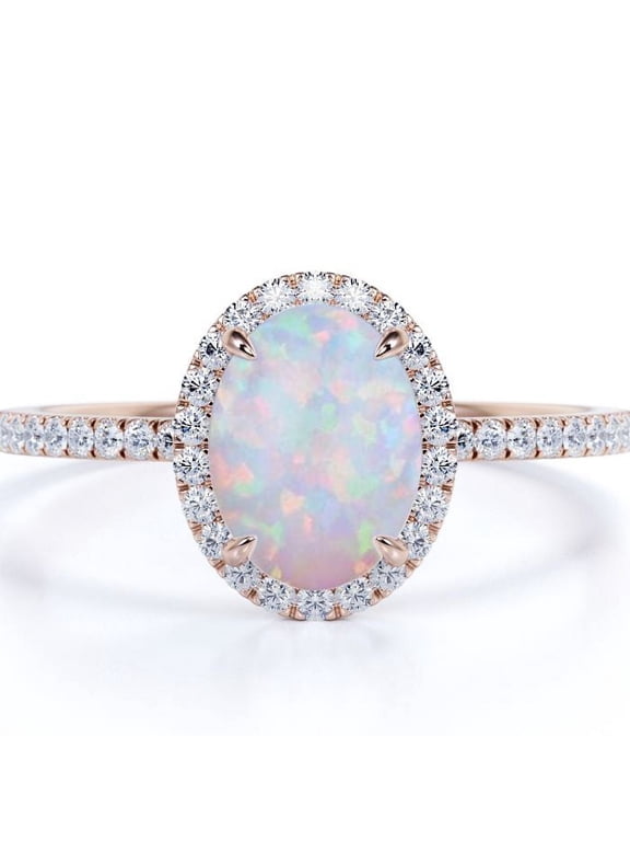 Vintage 1.50 ct Oval Australian Opal and Moissanite Halo Engagement Ring in 18K Rose Gold over Silver