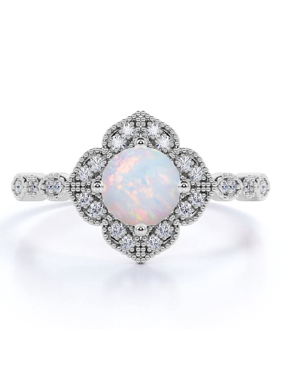Vintage 1.50 ct Round Cut Opal Halo Engagement Ring in 18k White Gold over Silver
