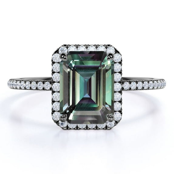 JeenMata Vintage 1.75 Carat Emerald Cut Lab Created Alexandrite and Moissanite Pave Halo Engagement Ring in 18k Black Gold over Silver