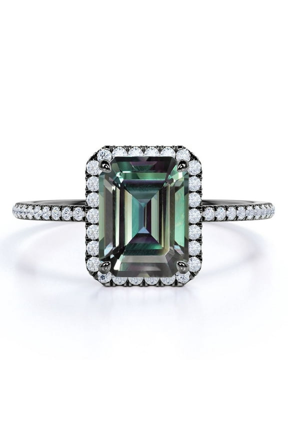 Vintage 1.75 Carat Emerald Cut Lab Created Alexandrite and Moissanite Pave Halo Engagement Ring in 18k Black Gold over Silver