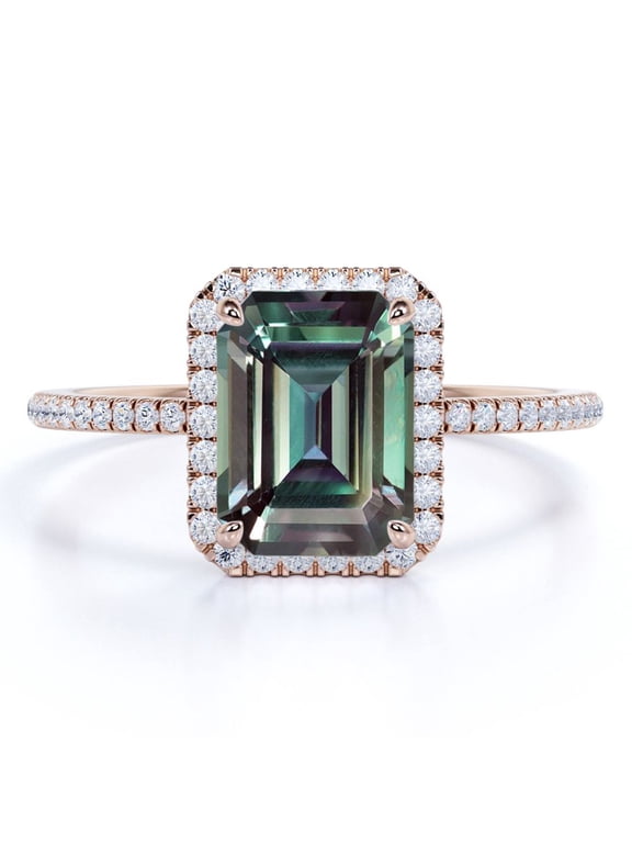 Vintage 1.75 Carat Emerald Cut Lab Created Alexandrite and Moissanite Pave Halo Engagement Ring in 18k Rose Gold over Silver