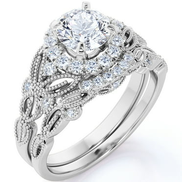 JeenMata Vintage 1.75 Carat Round Cut Moissanite and Diamond Bridal Set in 10k White Gold