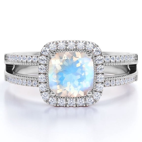 JeenMata Vintage 1.75 ct Cushion Cut Rainbow Moonstone and Moissanite Halo Wedding Ring in 18K White Gold over Silver