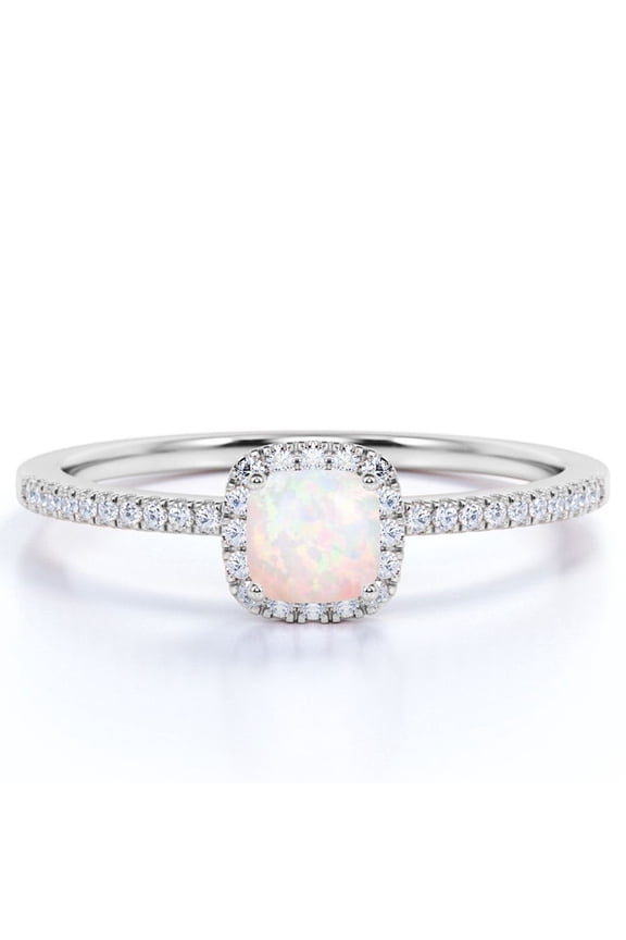 Vintage 1.75 ct Cushion Cut Real Welo Opal and Moissanite Cluster Engagement Ring in 18K White Gold over Silver