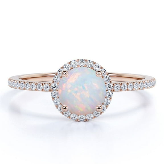 JeenMata Vintage 1.75 ct Genuine Round Blue Opal and Moissanite Promise Ring in 18K Rose Gold over Silver