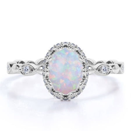 JeenMata Vintage 1.75 ct Oval Cut Opal and Moissanite Wedding Ring in 18k White Gold over Silver