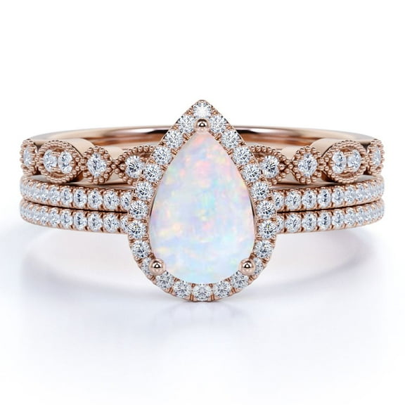 JeenMata Vintage 1.75 ct Pear Cut Opal and Moissanite Trio Wedding Ring Set in 18K Rose Gold over Silver