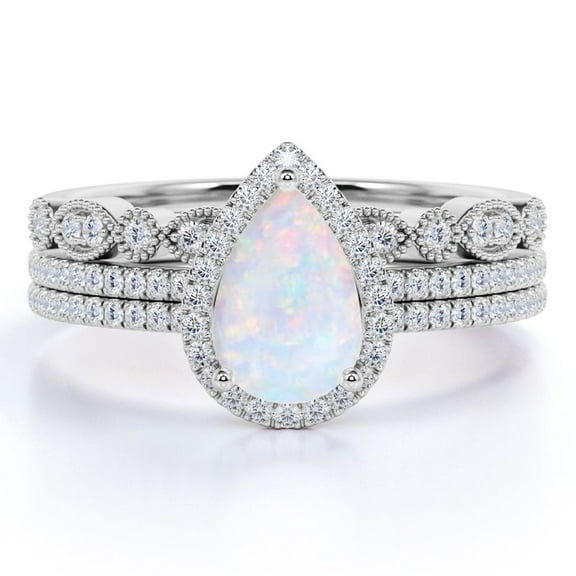 JeenMata Vintage 1.75 ct Pear Shaped Opal and Moissanite Trio Wedding Ring Set in 18K White Gold over Silver