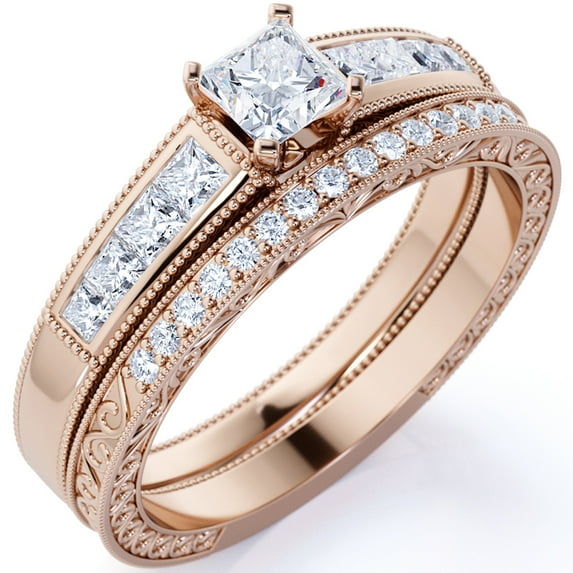 JeenMata Vintage 1.75 ct - Princess Cut Moissanite - Channel Set Band - Edwardian Engagement Ring - Bridal Set in 18K Rose Gold over Silver