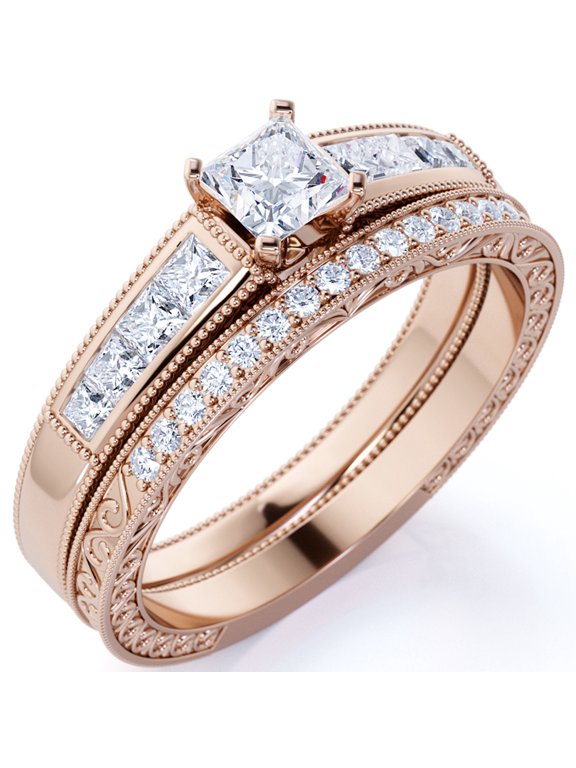 Vintage 1.75 ct - Princess Cut Moissanite - Channel Set Band - Edwardian Engagement Ring - Bridal Set in 18K Rose Gold over Silver