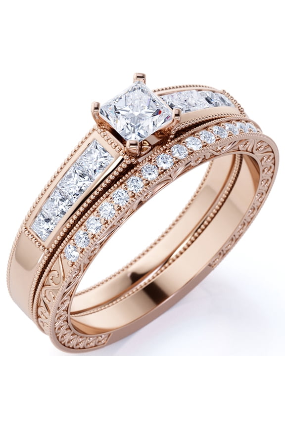 Vintage 1.75 ct - Princess Cut Moissanite - Channel Set Band - Edwardian Engagement Ring - Bridal Set in 18K Rose Gold over Silver