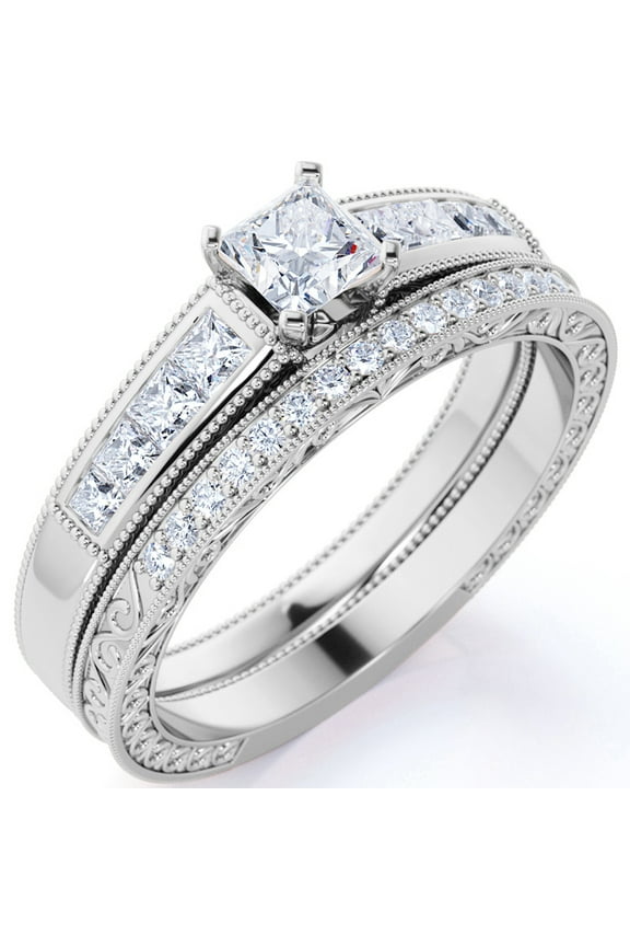 Vintage 1.75 ct - Princess Cut Moissanite - Channel Set Band - Edwardian Engagement Ring - Bridal Set in 18K White Gold over Silver