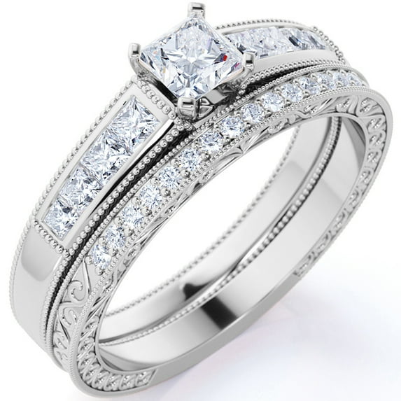 JeenMata Vintage 1.75 ct - Princess Cut Moissanite - Channel Set Band - Edwardian Engagement Ring - Bridal Set in 18K White Gold over Silver