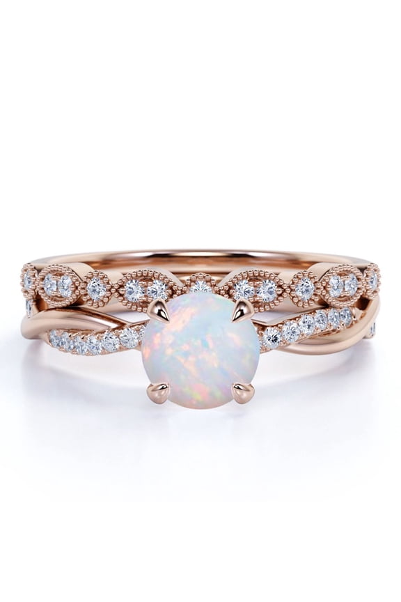 Vintage 1.75 ct Round Cut Opal and Moissanite Wedding Ring Set in 18K Rose Gold over Silver