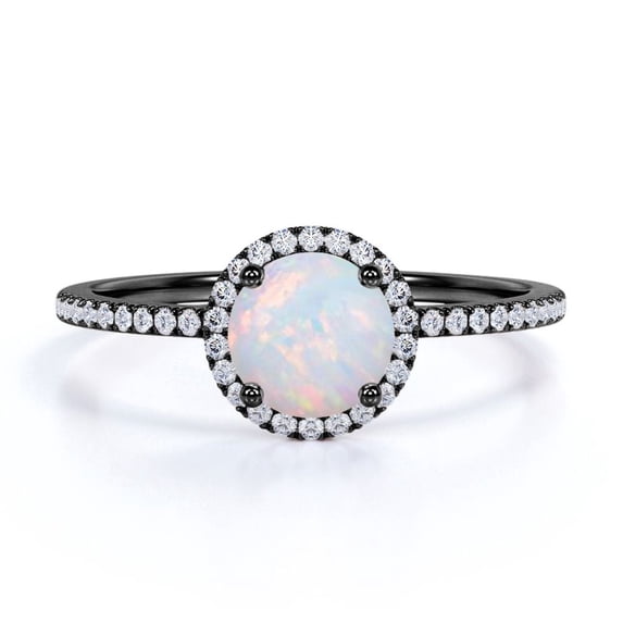 JeenMata Vintage 1.75 ct Round Cut Opal and Moissanite Halo Engagement Ring in 18k Black Gold over Silver
