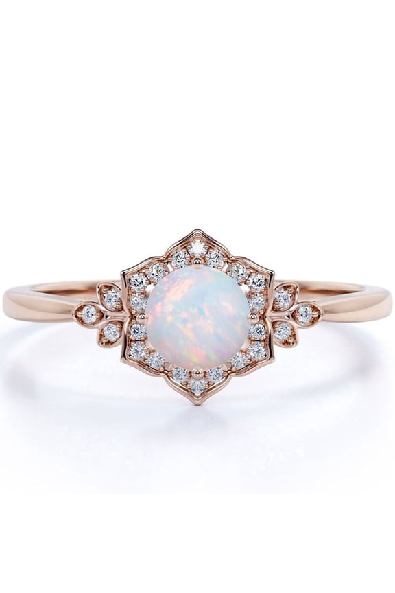Vintage 1.75 ct Round Ethiopian Lab Created Opal and Moissanite Engagement Ring in 18K Rose Gold over Silver