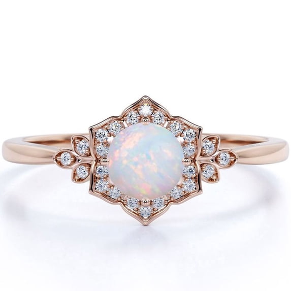 JeenMata Vintage 1.75 ct Round Ethiopian Lab Created Opal and Moissanite Engagement Ring in 18K Rose Gold over Silver