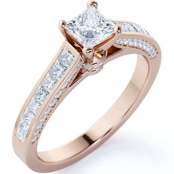JeenMata Vintage 1 Carat Princess Cut Moissanite - Channel Set Band - Edwardian Engagement Ring in 18K Rose Gold over Silver