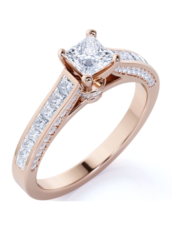 Vintage 1 Carat Princess Cut Moissanite - Channel Set Band - Edwardian Engagement Ring in 18K Rose Gold over Silver