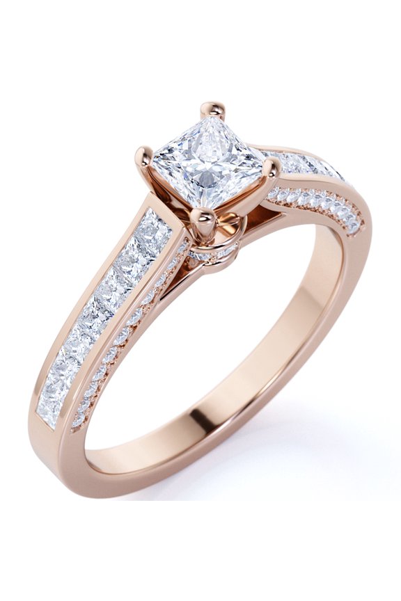 Vintage 1 Carat Princess Cut Moissanite - Channel Set Band - Edwardian Engagement Ring in 18K Rose Gold over Silver