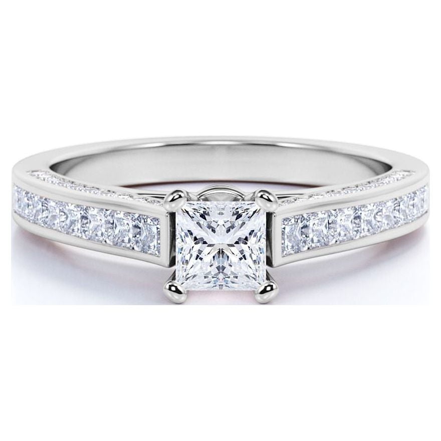 JeenMata Vintage 1 Carat Princess Cut Moissanite - Channel Set Band -  Edwardian Engagement Ring in 18K White Gold over Silver 