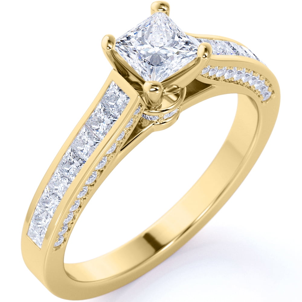 JeenMata Vintage 1 Carat Princess Cut Moissanite - Channel Set Band - Edwardian Engagement Ring in 18K Yellow Gold over Silver