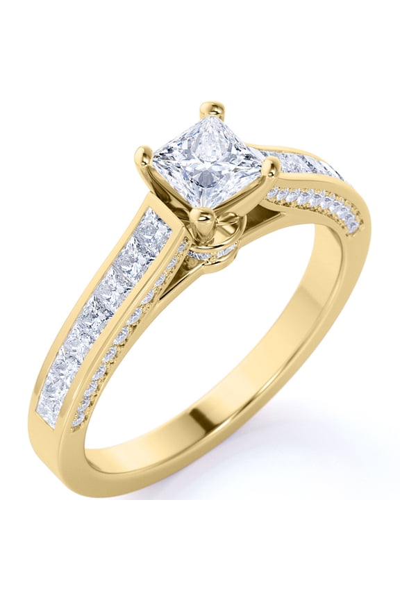 Vintage 1 Carat Princess Cut Moissanite - Channel Set Band - Edwardian Engagement Ring in 18K Yellow Gold over Silver