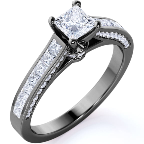 JeenMata Vintage 1 Carat Princess Cut Moissanite - Channel Set Band - Edwardian Gothic Engagement Ring in 18K Black Gold over Silver