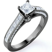 JeenMata Vintage 1 Carat Princess Cut Moissanite - Channel Set Band - Edwardian Gothic Engagement Ring in 18K Black Gold over Silver
