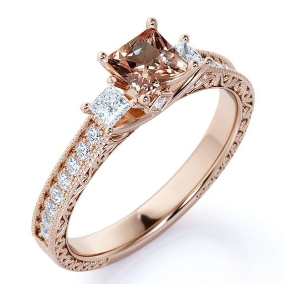 JeenMata Vintage 1 ct - Princess Cut Champagne Peach created morganite - 3 Stone - Engagement Ring - 18K Rose Gold over Silver