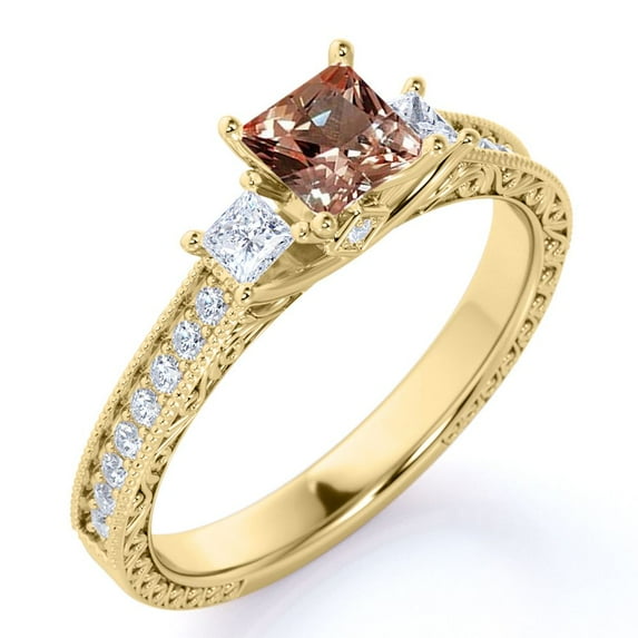 JeenMata Vintage 1 ct - Princess Cut Champagne Peach created morganite - 3 Stone - Engagement Ring - 18K Yellow Gold over Silver