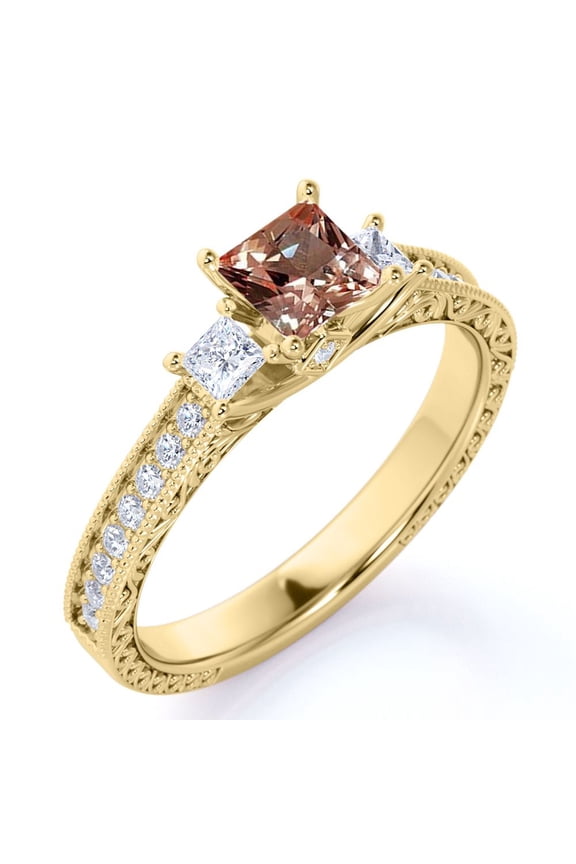 Vintage 1 ct - Princess Cut Champagne Peach created morganite - 3 Stone - Engagement Ring - 18K Yellow Gold over Silver