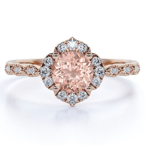 JeenMata Vintage 1 ct Round Cut created morganite Halo Promise Ring in 18K Rose Gold over Silver