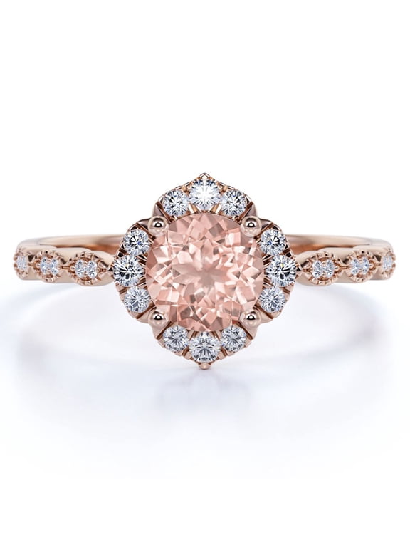 Vintage 1 ct Round Cut created morganite Halo Promise Ring in 18K Rose Gold over Silver