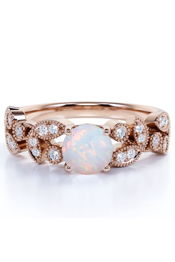 Vintage 1 ct Round Welo Opal and Moissanite October Birthstone Wedding Ring in 18K Rose Gold over Silver